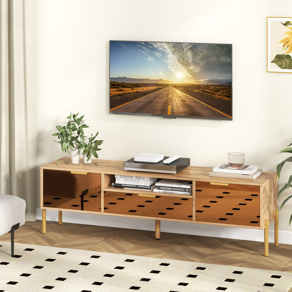 Mirrored TV stand for TVs up to 65 inches featuring spacious tabletop, two storage cabinets, and modern design.