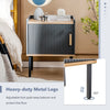 Gray nightstand with a single door cabinet, featuring heavy-duty metal legs and adjustable foot pads for stability.
