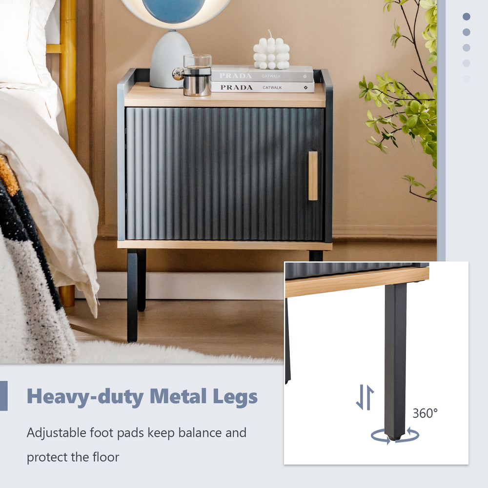 Gray nightstand with a single door cabinet, featuring heavy-duty metal legs and adjustable foot pads for stability.