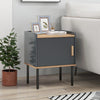 Gray nightstand with a single door cabinet, engineered wood, and metal legs, ideal for living room or bedroom use.
