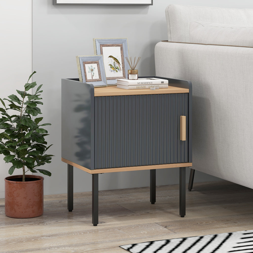 Gray nightstand with a single door cabinet, engineered wood, and metal legs, ideal for living room or bedroom use.