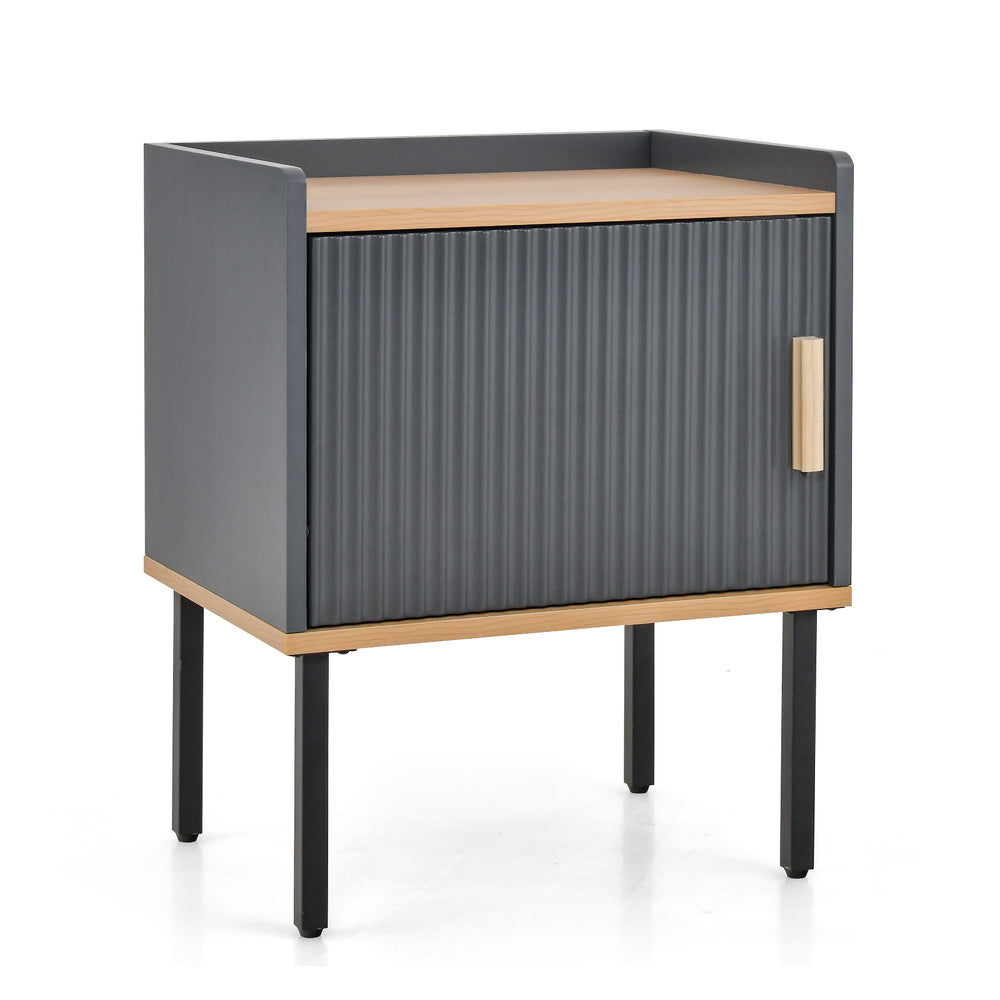 Gray nightstand with raised edge and wooden handle, featuring a single door cabinet, ideal for stylish storage in small.