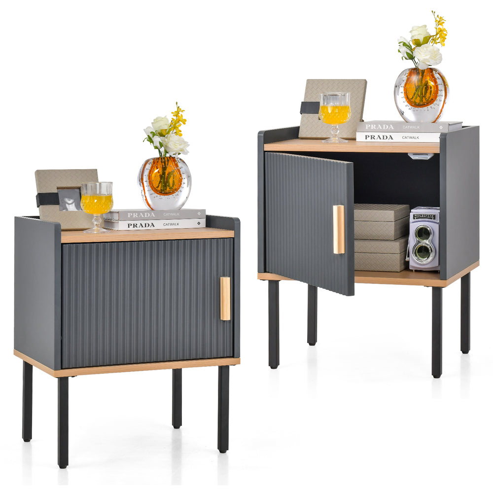 Gray nightstand with door cabinet, engineered wood, modern design, perfect for living room or bedroom storage.