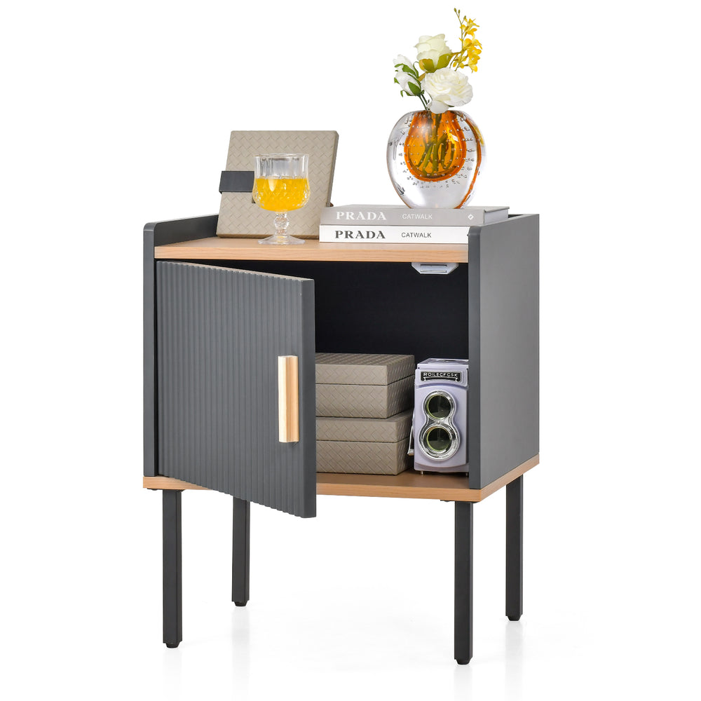 Gray nightstand with a door cabinet, engineered wood, and metal legs, perfect for living room or bedroom organization.