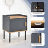 Gray nightstand with wooden handle, single door cabinet, and metal legs, ideal for bedroom or living room storage.
