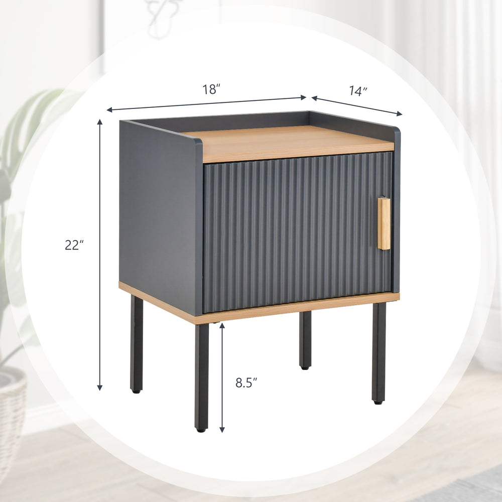 Gray nightstand with a single door cabinet, engineered wood, and metal legs, perfect for bedroom or living room use.