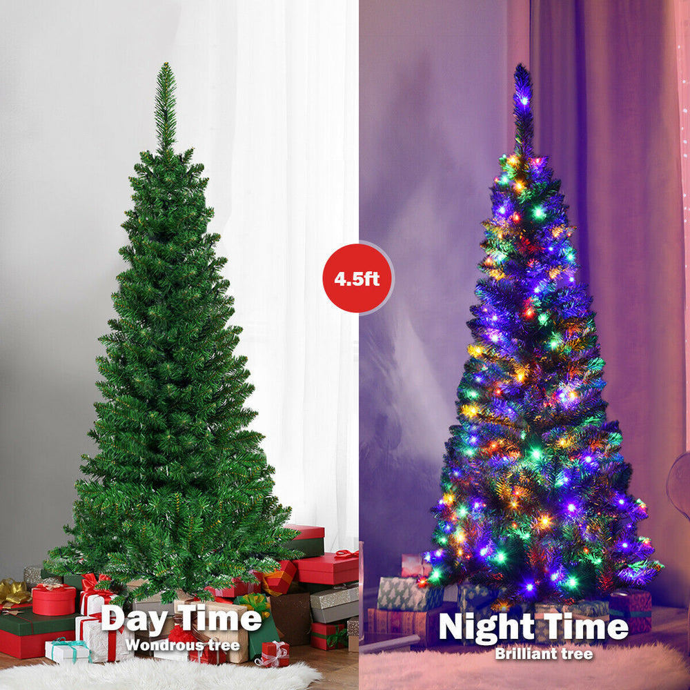 4.5ft pre-lit pencil Christmas tree with 150 LED lights, showcasing a lush appearance for festive decoration.