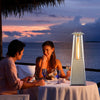 Portable stainless steel tabletop patio heater with glass tube, 10,000 BTU, ideal for outdoor dining warmth.
