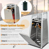 Compact 10,000 BTU stainless steel tabletop patio heater with glass tube, adjustable flame, and simple ignition system.