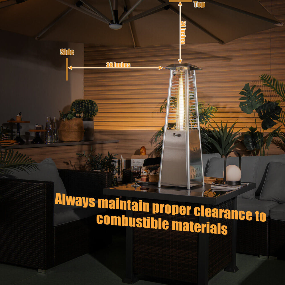 Portable stainless steel tabletop patio heater with glass tube, 10,000 BTU, ideal for outdoor use and compact spaces.