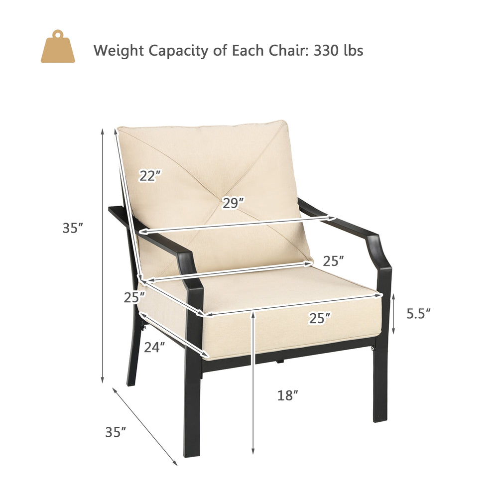 Detail view of a patio dining chair with padded cushions, steel frame, and dimensions for outdoor comfort and stability.