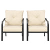 Two patio dining chairs with padded cushions and ergonomic armrests, featuring a rustproof steel frame for outdoor use.
