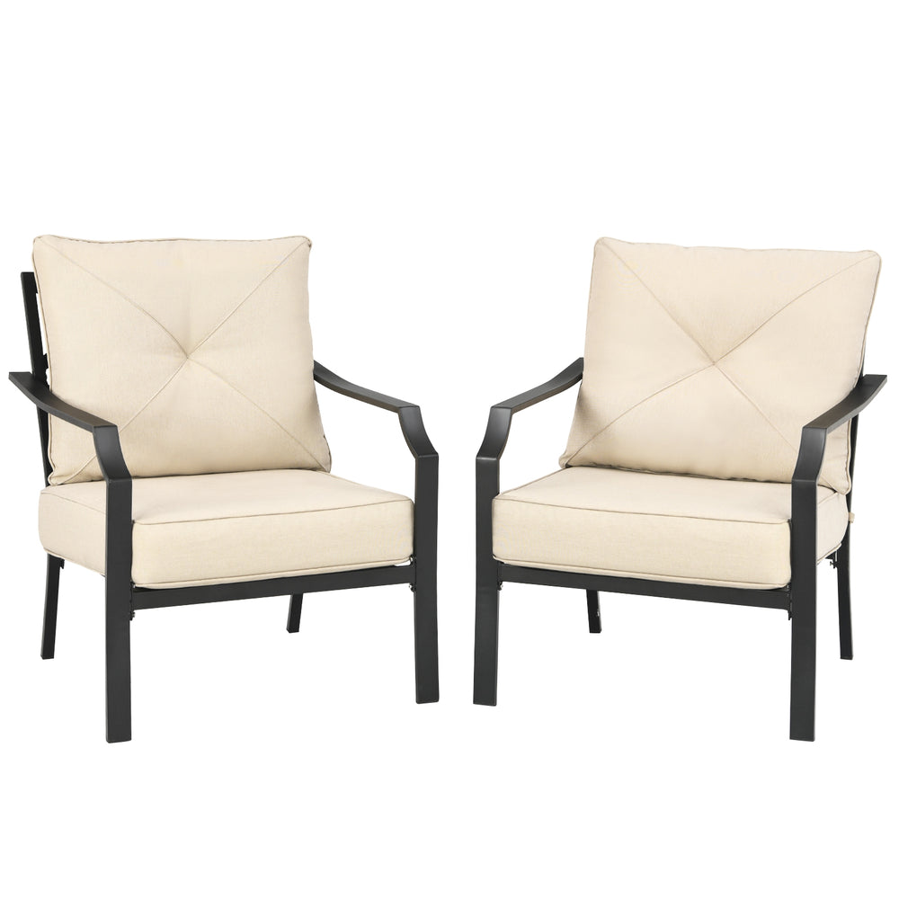 Two patio chairs with padded cushions and ergonomic armrests, featuring a rustproof steel frame for outdoor use.