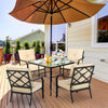 Patio dining set featuring two padded chairs with armrests and a sturdy steel frame, ideal for outdoor relaxation.
