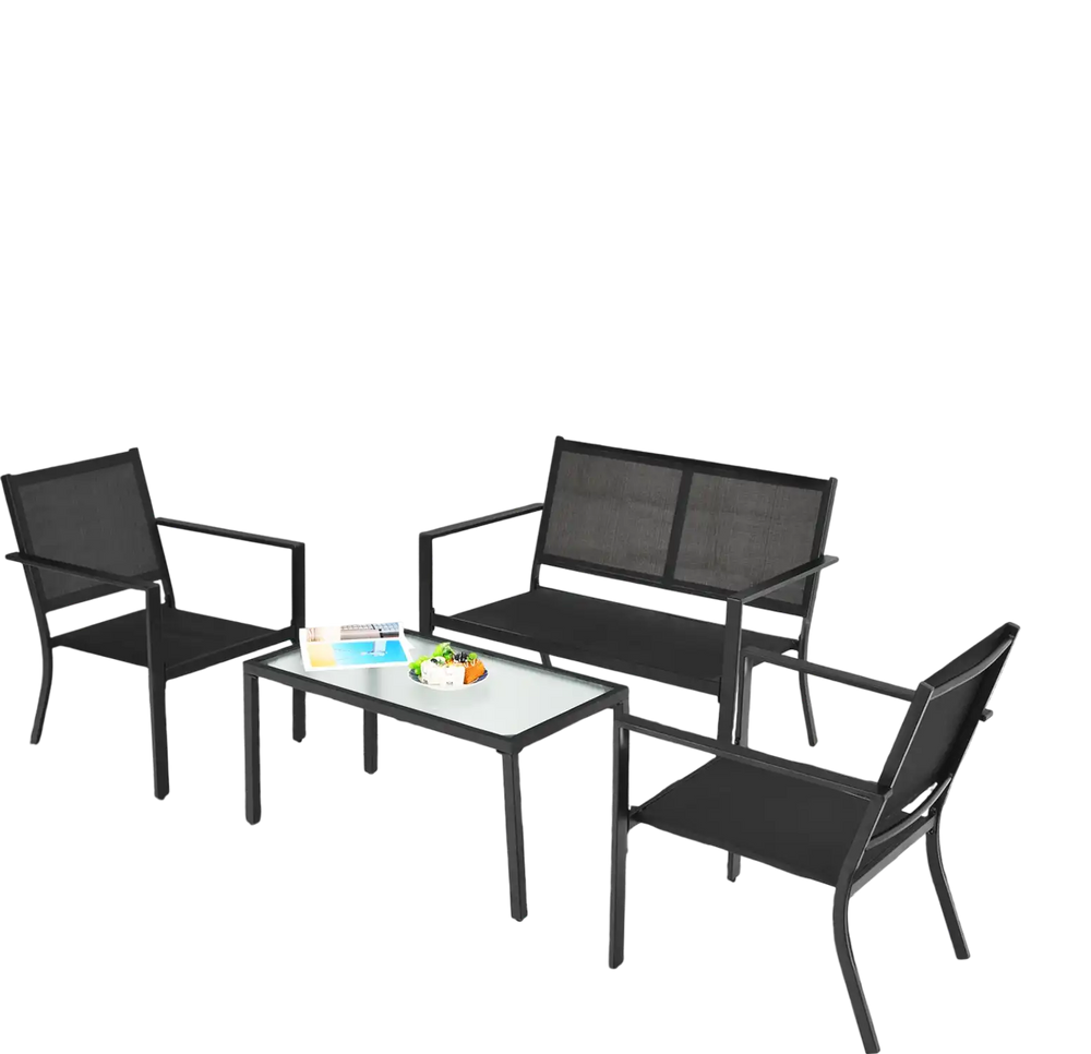 4-piece gray patio furniture set featuring a steel frame, coffee table, and ergonomic seating for outdoor comfort.