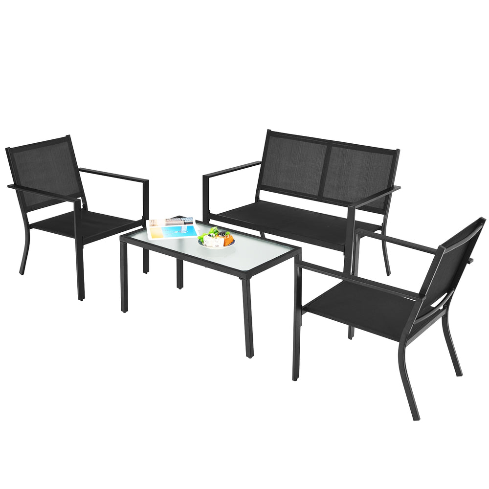 4-piece patio furniture set featuring a gray steel frame, ergonomic design, and a coffee table for outdoor relaxation.