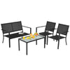 4-piece patio furniture set with gray steel frame, includes loveseat, two chairs, and coffee table for outdoor comfort.