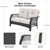 Loveseat sofa with beige cushions, made of weather-resistant black PE rattan, ideal for outdoor patio gatherings.