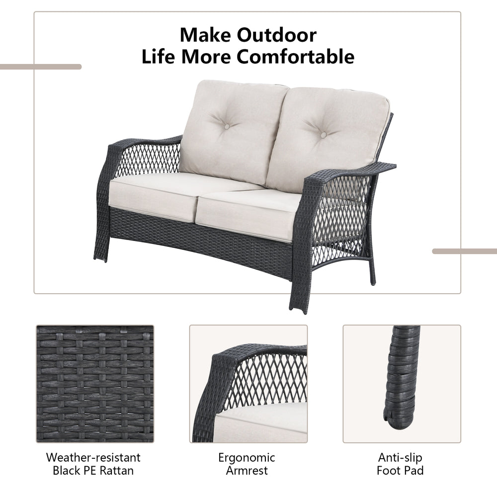 Loveseat sofa with beige cushions, made of weather-resistant black PE rattan, ideal for outdoor patio gatherings.