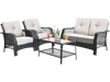 4-piece patio wicker furniture set featuring a loveseat, two chairs, and a coffee table with beige cushions, ideal for.