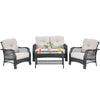 4-piece patio wicker furniture set with beige cushions, including loveseat, coffee table, and two chairs for outdoor.