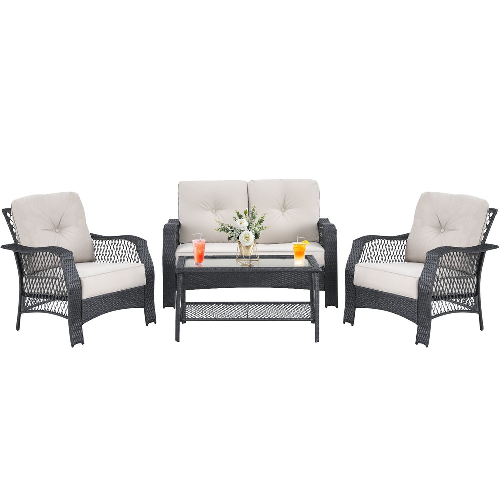 4-piece patio wicker furniture set with beige cushions, including loveseat, coffee table, and two chairs for outdoor.