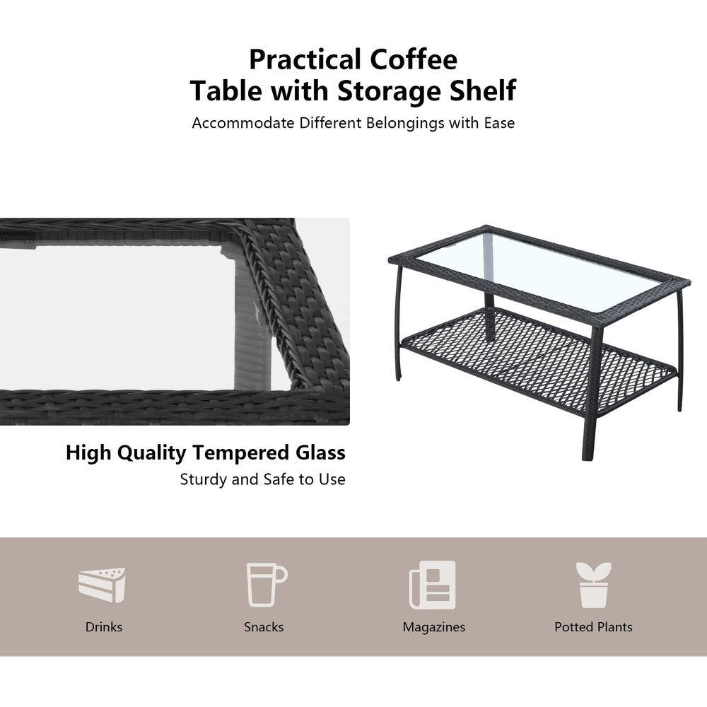 Coffee table with tempered glass top and storage shelf, made of weather-resistant PE rattan for outdoor use.