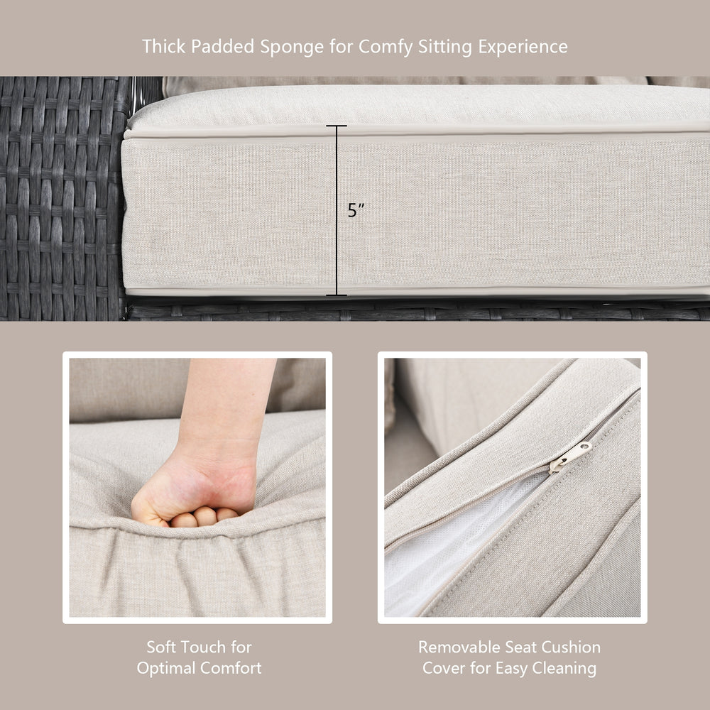 Close-up of the thick padded beige cushion with removable cover for easy cleaning on the patio wicker furniture set.