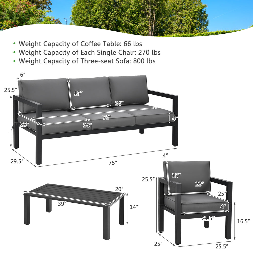 4-piece outdoor furniture set featuring a gray sectional sofa, two chairs, and a coffee table for backyard relaxation.