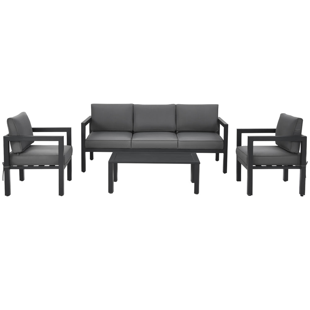 4-piece outdoor furniture set with gray cushions and aluminum frame, perfect for backyard and poolside relaxation.