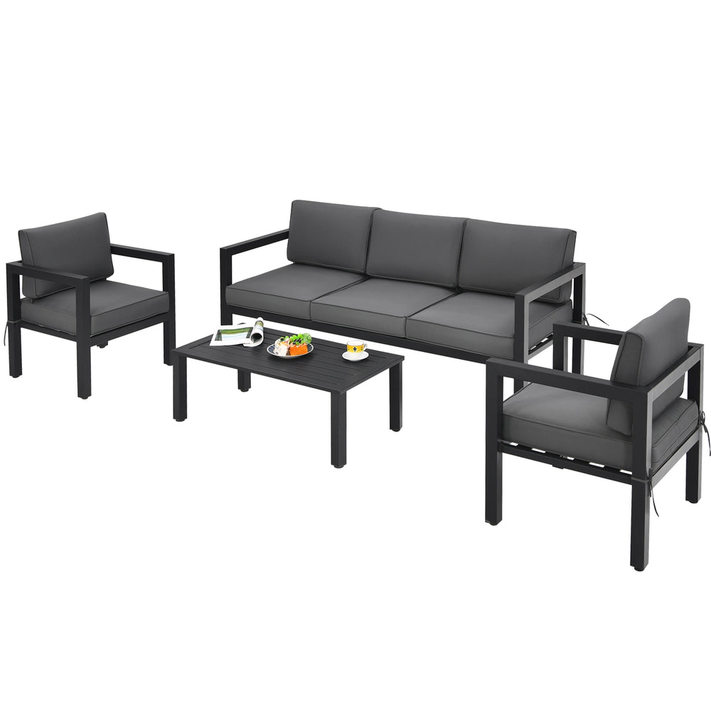 4-piece outdoor furniture set in gray with aluminum frame, soft cushions, and sectional design for backyard and.