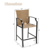 Patio rattan bar stool with ergonomic backrest and armrests, featuring dimensions and a 330 lbs weight capacity.