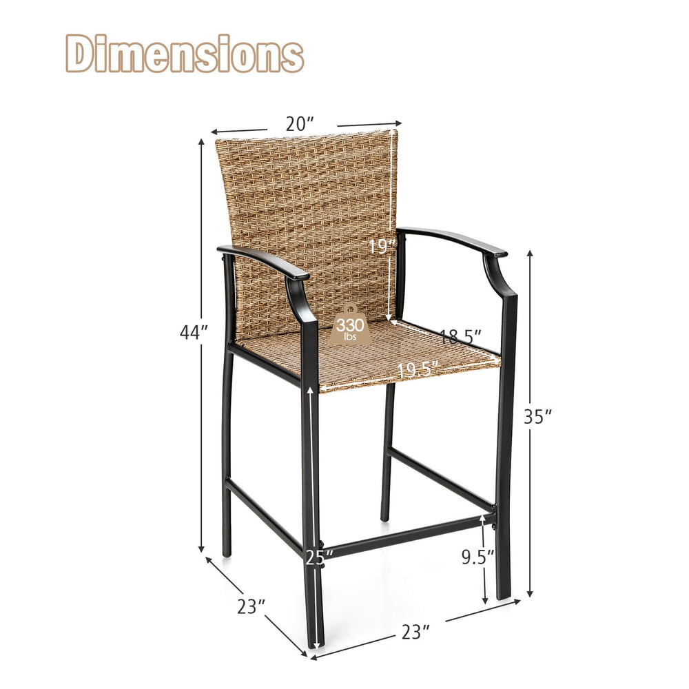 Patio rattan bar stool with ergonomic backrest and armrests, featuring dimensions and a 330 lbs weight capacity.