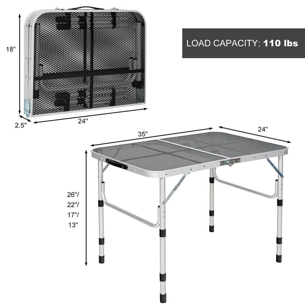 Folding aluminum grill table with iron mesh top, adjustable height, and compact design for outdoor camping and BBQ use.