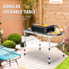 Folding aluminum grill table with iron mesh top, adjustable height, and non-slip foot pads for outdoor BBQ and camping.