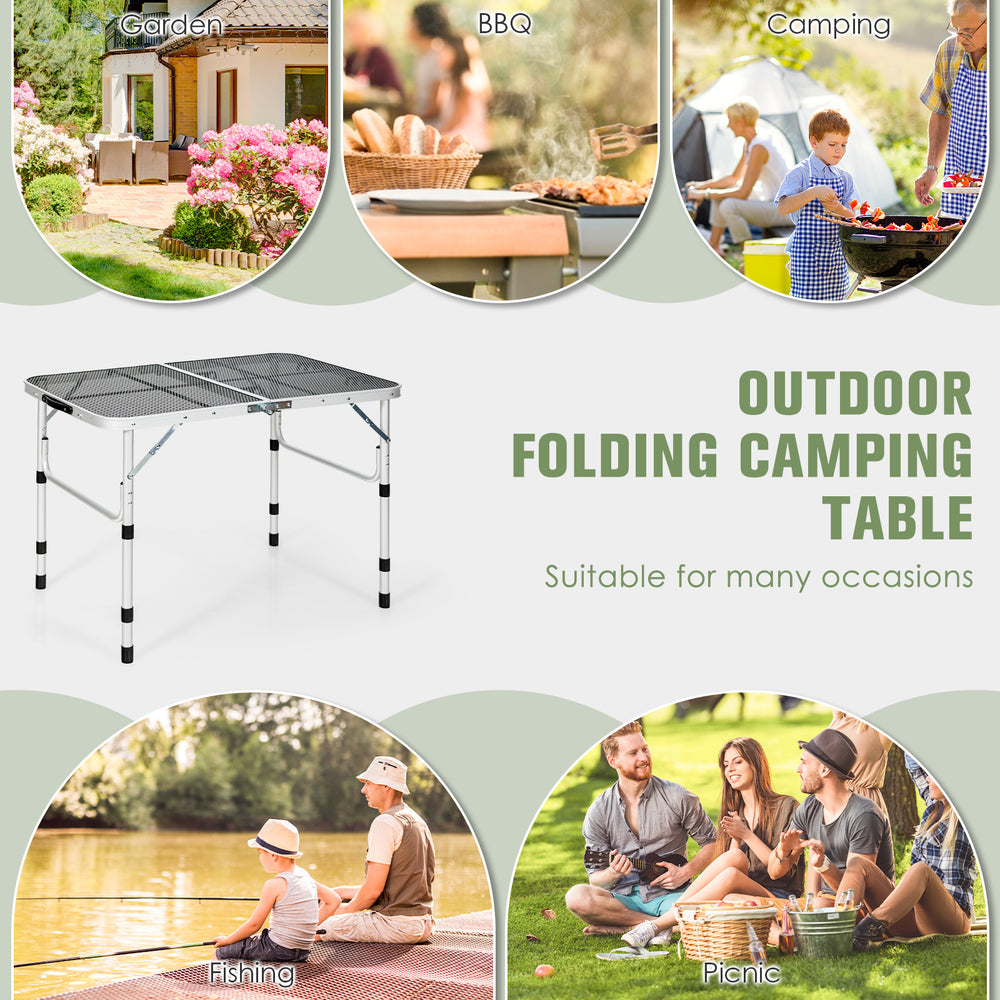Folding aluminum grill table with iron mesh top, adjustable height, perfect for camping, BBQ, and picnics.