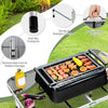Folding aluminum grill table with iron mesh top, featuring anti-slip foot pads and a convenient carrying handle for.