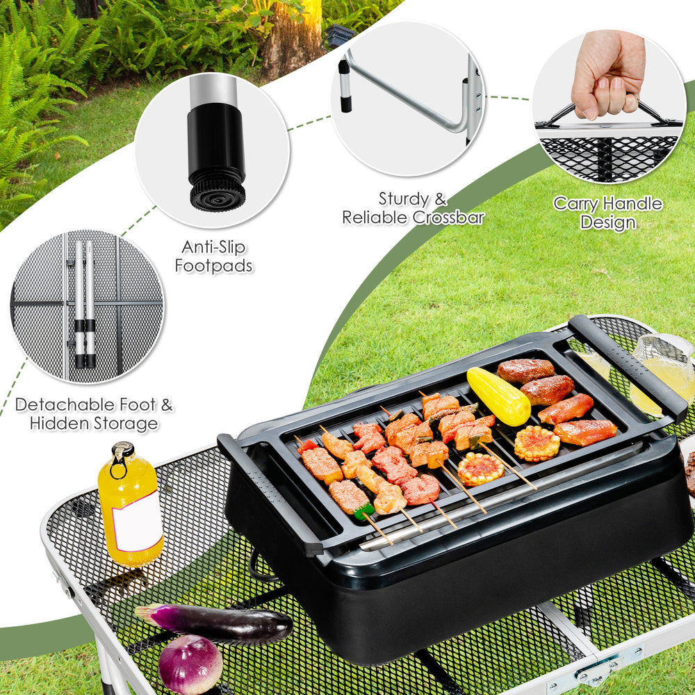 Folding aluminum grill table with iron mesh top, featuring anti-slip foot pads and a convenient carrying handle for.