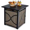 25-inch propane fire pit table with lid, featuring a steel frame and fire glass, perfect for outdoor patio warmth.