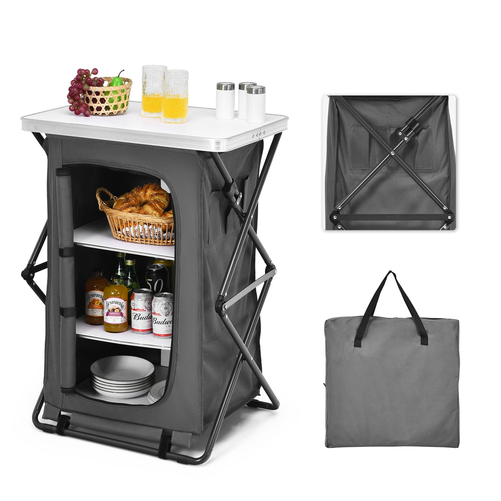 Folding camping storage cabinet with three shelves, waterproof oxford cloth, and spacious tabletop for outdoor.