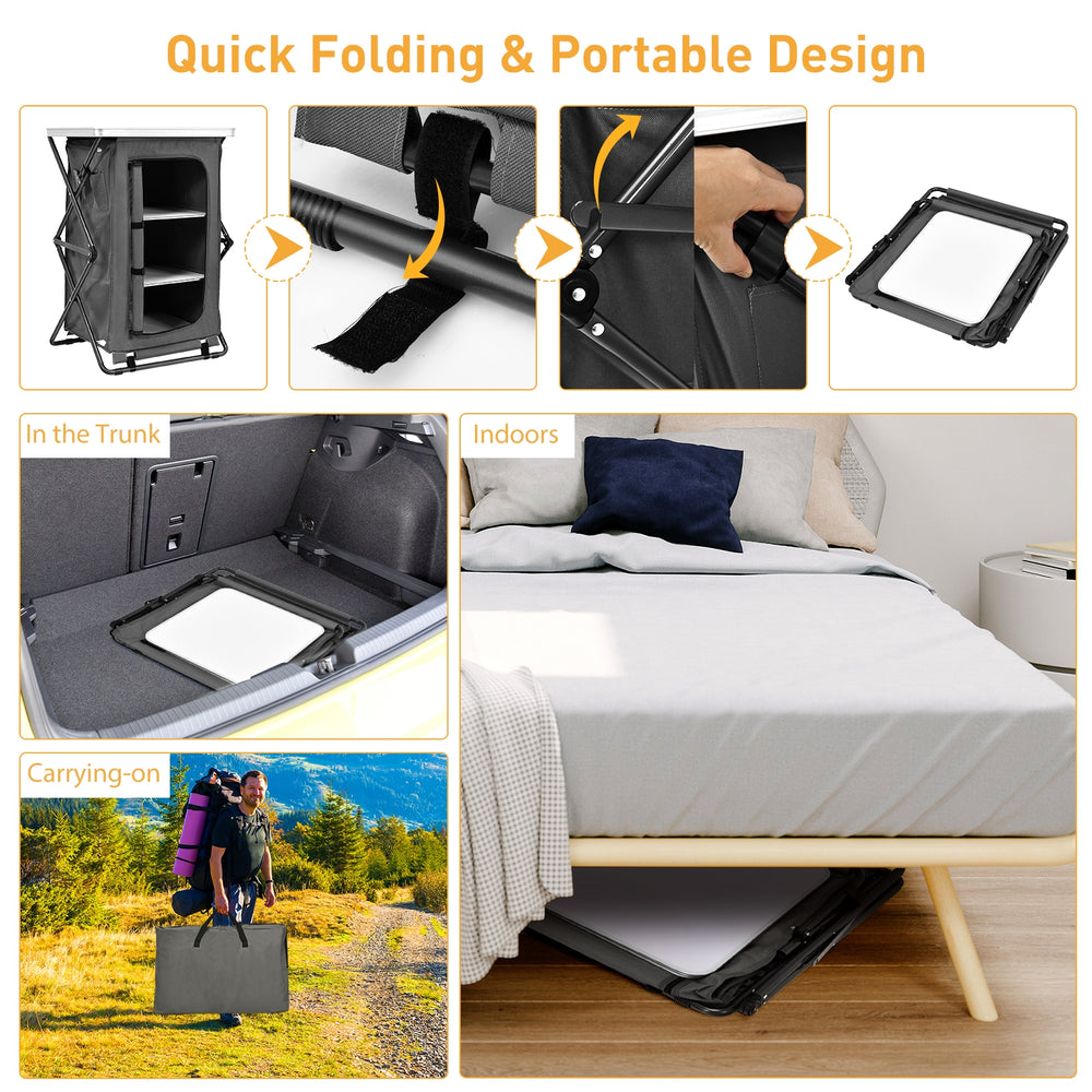 Compact folding camping storage cabinet showcasing a heavy-duty steel frame and breathable mesh for outdoor convenience.