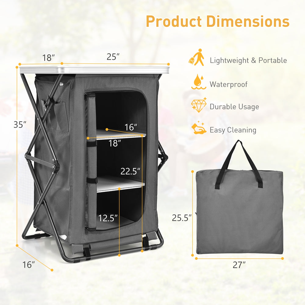 Folding camping storage cabinet with 3 shelves, waterproof oxford cloth, and carrying bag for outdoor activities.