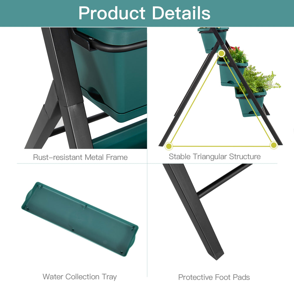 5-tier vertical garden planter box in green with rust-resistant metal frame and water collection tray for outdoor use.