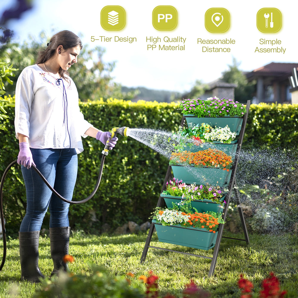 5-tier vertical garden planter with green PP containers, ideal for flowers and herbs, perfect for patios and balconies.