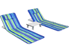 Two adjustable beach lounge chairs with a folding table, featuring a colorful stripe design, perfect for outdoor.