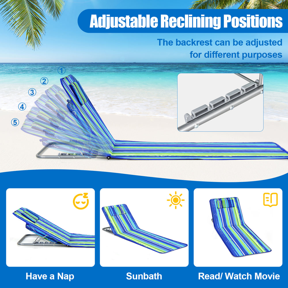 Adjustable beach lounge chair set with striped design, includes two chairs and a folding table for outdoor relaxation.