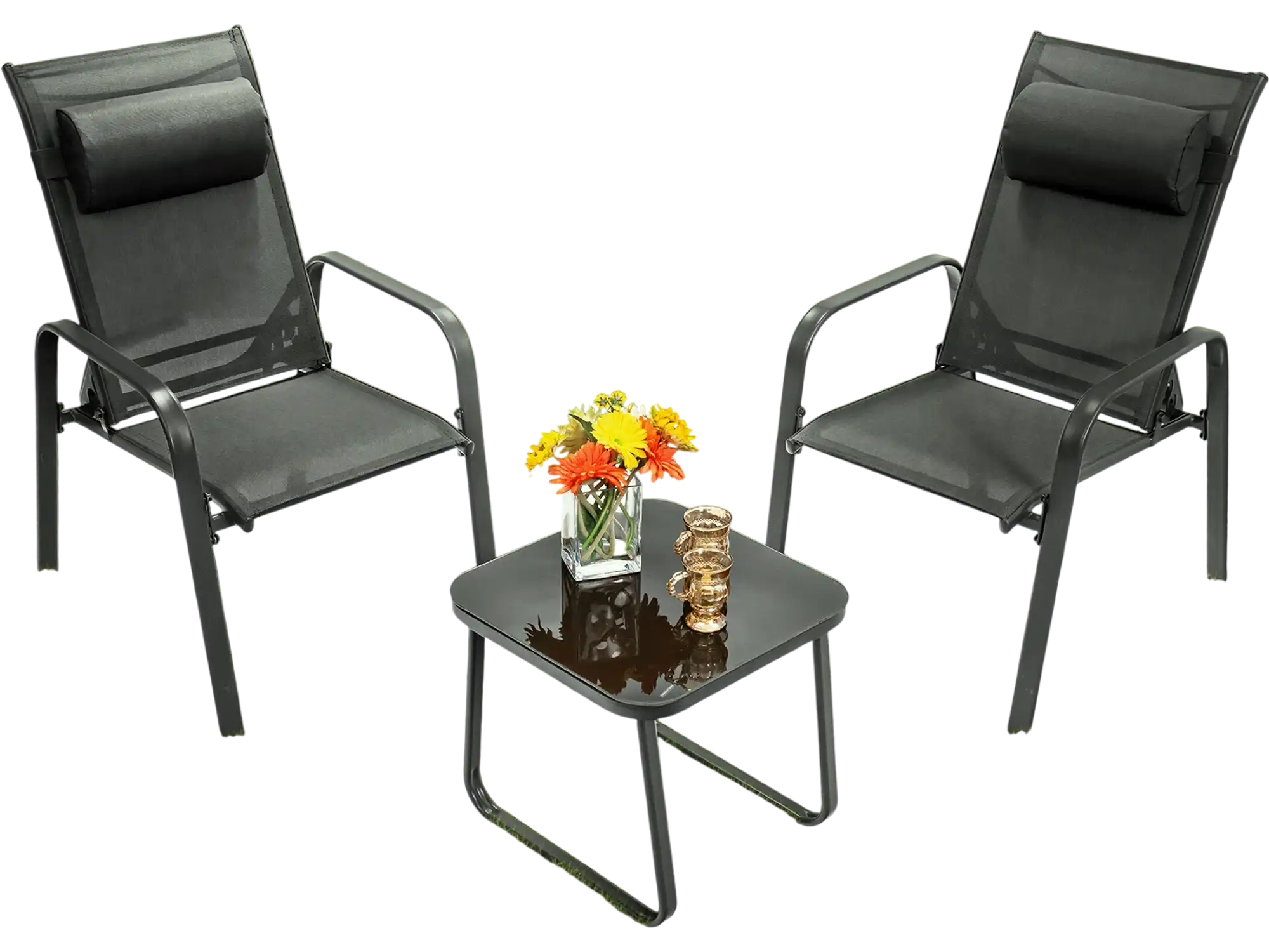 Costway 3-Piece Patio Bistro Furniture Set Adjustable Backrest Black 53760489 New
