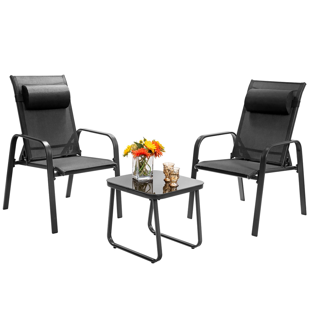 Two adjustable black patio chairs with a glass coffee table, perfect for compact outdoor spaces like balconies or.