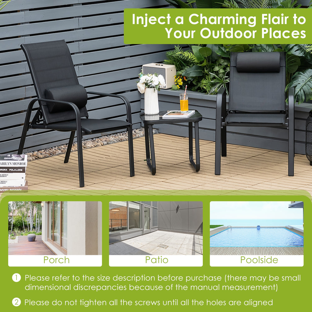 3-piece black patio bistro furniture set with adjustable backrests and tempered glass coffee table for outdoor spaces.
