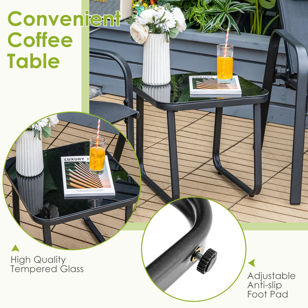 Tempered glass coffee table with adjustable anti-slip foot pads, perfect for a 3-piece patio bistro set.
